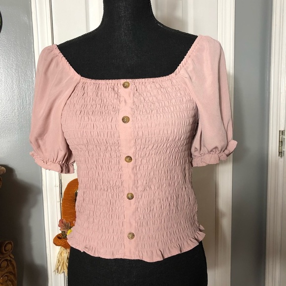 No Boundaries Tops - No Boundaries Juniors Dust Pink Rose Smock Ruffle Crop Top